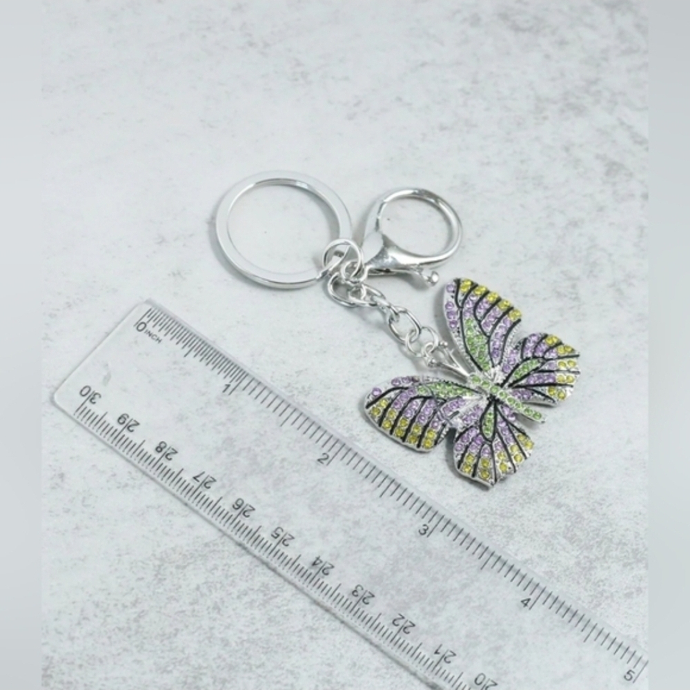 Multicolor Rhinestone Butterfly Keychain With Clasp In Silver BNIB - Picture 8 of 10